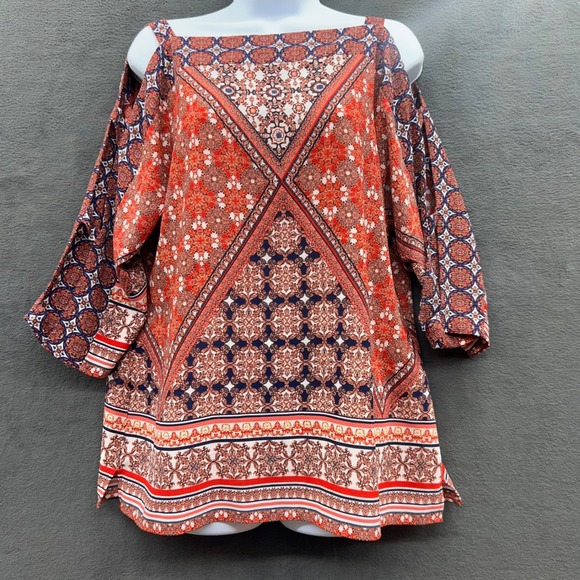 Fig and Flower Red Print Cold Shoulder 3/4 Sleeve Tunic Top - Large - Picture 1 of 12